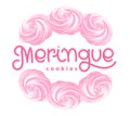 Logotype with pink airy french meringue twirls, marshmallow, zephyr. sweetness, sweet cake. Sketch with lettering