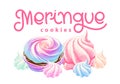 Logotype of set airy french meringues twirls, marshmallow, zephyr. Vector with calligraphy. sweetness, sweet cake