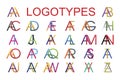 Logotype templates made from the combination of the letter A with all the letters of the English alphabet in different colors.