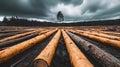 Logs Arranged in a Forest Clearing Under Dramatic Cloudy Sky Royalty Free Stock Photo