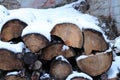 Logs covered by snow