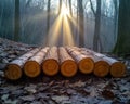 Logs neatly arranged in a wooded area basking in sunlight, deforestation and logging picture