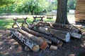 Logs and an old wooden sawhorses