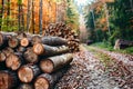 Logs scattered along autumn woods path, natures rustic beauty Royalty Free Stock Photo