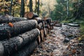 Logs scattered along autumn woods path, natures rustic beauty Royalty Free Stock Photo