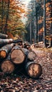 Logs scattered along autumn woods path, natures rustic beauty Royalty Free Stock Photo