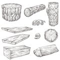 Logs and stump, wood and wooden natural materials isolated sketches