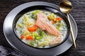 Salmon fish soup with cream and veggies, top view Royalty Free Stock Photo