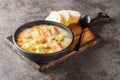 Lohikeitto, salmon fish soup with cream, potato, carrots, leek and dill closeup in a bowl. Horizontal Royalty Free Stock Photo