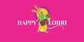 Lohri Wishing Creative Template. Conceptual Typography of Happy Lohri. Illustration of Bhangra Playing Young Punjabi Man.