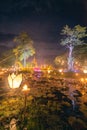 Loi Krathong Festival and Colorful Illumination Decorative at Night, Beautiful of Illuminated Light and Craftsmanship Lantern Royalty Free Stock Photo