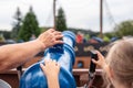 Loifling, Germany - 26 July, 2018: People are having fun on Pirates of the Caribbean attraction in Churpfalzpark Loifling