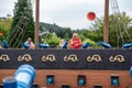 Loifling, Germany - 26 July, 2018: People are having fun shooting from toy cannons. Pirates of the Caribbean attraction