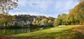 Loisach riverside park, autumnal scenery Wolfratshausen tourist resort