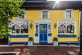 Loiusa\'s Cafe on Washington Mall, Cape May, NJ, is a cheerful sight with yellow and blue paint on a sunny spring afternoon