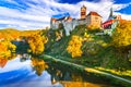 Loket, Czech Republic. Charming town and Ohre River landscape, Bohemia, autumn colors