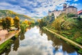 Loket, Czech Republic. Colorful town and Castle Loket over Ohre River in the near of Karlovy Vary, Bohemia Royalty Free Stock Photo