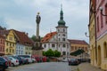 Loket, Czech Republic; 5/19/2019: Loket Market or main square of Loket, with the Holy Trinity Column on the left and the Town