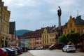 Loket, Czech Republic; 5/20/2019: Loket Market, the main square of the old town of Loket, with Holy Trinity Column and typical