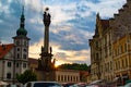 Loket, Czech Republic; 5/19/2019: Sunset in the cloudy skyline of the Loket Market or main square of Loket, with the Holy