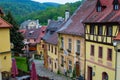 Loket, Czech Republic; 5/20/2019: Typical colorful czech houses in a street in the small beautiful village of Loket