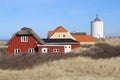 Lokken beach with different buildings in Denmark with the harbor visible in the distance