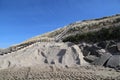 Lokken beach with rock formations and dunes in Denmark with the harbor visible in the distance