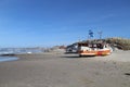 Lokken beach with ships and a harbor in Denmark