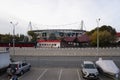 Lokomotiv stadium and parking in front of the main entrance into stadium in Moscow, Russia.