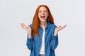 Lol so funny. Amused and carefree pretty redhead female student clap hands, applause with closed eyes as laughing out