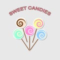 Lolipop icon isolated on background. Bright caramel with stick. Sweet candy. Childhood concept. Vector flat design