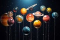 Lollipop candies as planets of solar system. Astronomy themed sugar sweets. Colorful lollipops in shape of planets. Imagination, Royalty Free Stock Photo