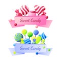 Lollipop candy banner. Sweet pink stickers with sweets, ribbon with color food element, cute lollypop for bakery website