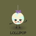 Lollipop candy character with face and smile. Kawaii sweets and desserts