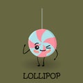 Lollipop candy character with face and smile. Kawaii sweets and desserts