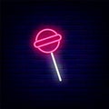 Lollipop candy neon sign. Sweet bar. Cake store. Night bright emblem. Isolated vector stock illustration