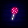 Lollipop candy neon sign. Sweet shop. Cake store. Night bright emblem. Isolated vector stock illustration