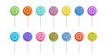 Lollipop candy vector icon, spiral sucker on stick, sugar swirl set. Rainbow sweet lollypop. Cartoon illustration