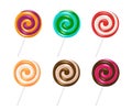 Lollipop candy vector set design. Lollipops stick kids dessert collection isolated in white background with colorful flavor.