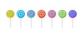 Lollipop candy vector set, spiral sucker on stick, sugar swirl icon. Cartoon sweet lollypop. Colorful illustration