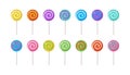 Lollipop candy vector set, spiral sucker on stick, sugar swirl icon. Rainbow sweet lollypop. Cartoon illustration