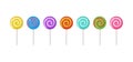 Lollipop candy vector set, spiral sucker on stick, sugar swirl lollypop. Cartoon sweet icon. Colorful illustration