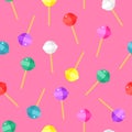 Lollipop color pattern on pink background. Cartoon design with candies. Vector illustration