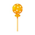 Lollipop colorful sweet. Round candies on stick in bright color packaging. Sugar sweet food dessert caramel. Vector