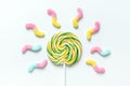 Lollipop design with sugar candys on white background top view mockup