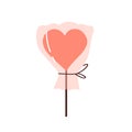 Lollipop. Pink candy on a stick in the form of heart. Saint Valentine`s Day. Romantic object. Love element. Vector illustration