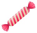 Lollipop in pink wrapping. Sweet candy in striped puckage, delicious caramel, sugar kids bonbon, yummy dessert