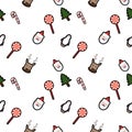 Lollipop, Santa Claus head, deer head, penguin, candy cane, Christmas tree seamless pattern background. Perfect for winter holiday