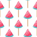 Lollipop seamless vector pattern. Sweet candy on a stick in the shape of a watermelon slice. Tasty fruit caramel with peel, pulp, Royalty Free Stock Photo