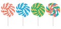 Lollipop with spiral. Twisted sucker candy on stick. Set of round candies with striped swirls. Vector illustration Royalty Free Stock Photo